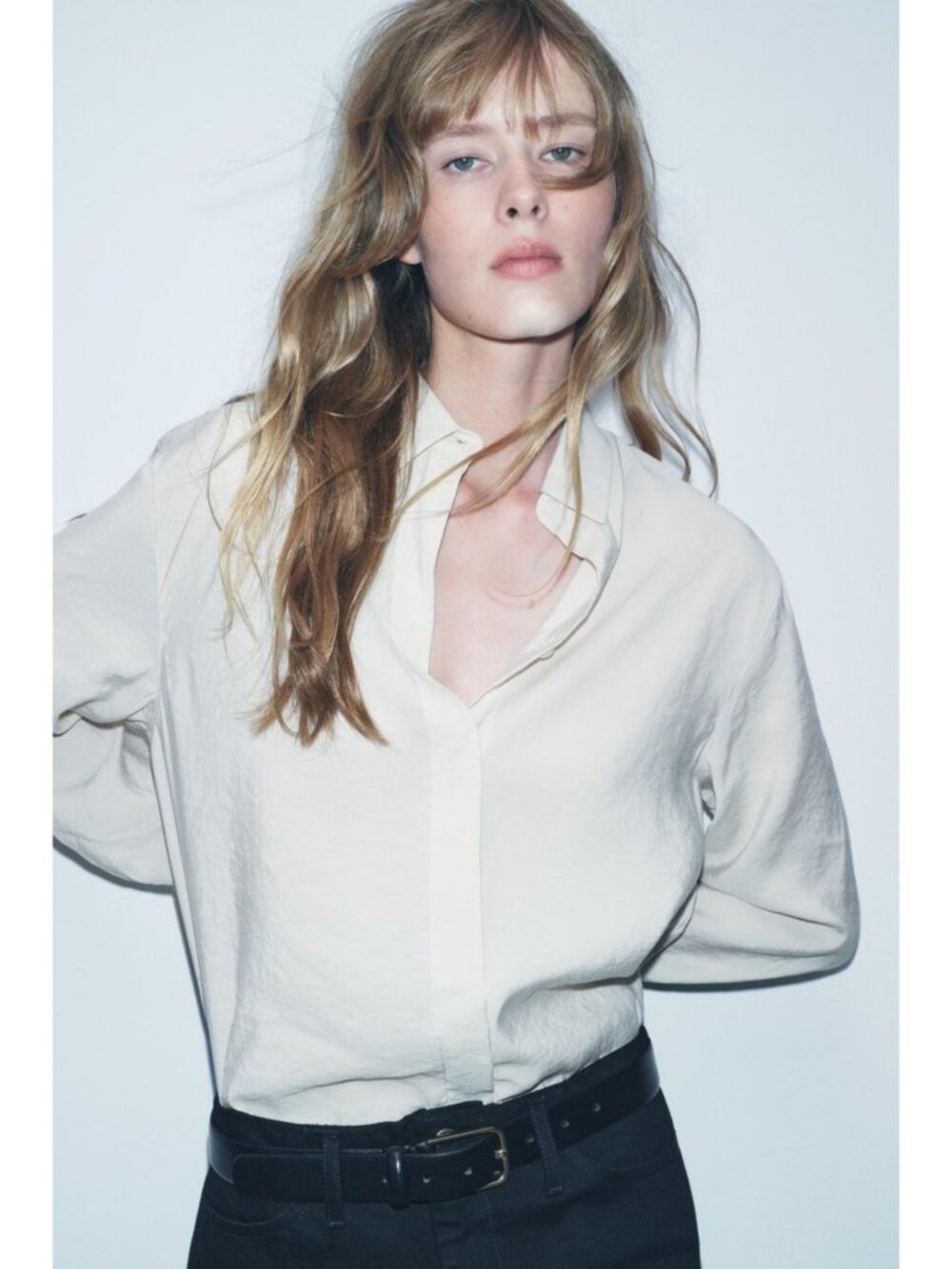 ZARA Ecru Satin Effect Button Design Long Sleeve Blouse Top Women's Size Medium